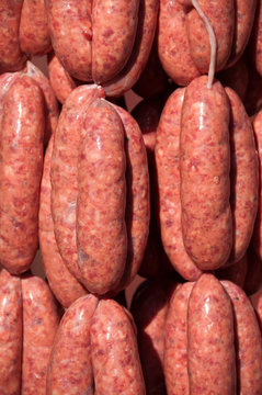 Dtrings of Fresh beef sausages at butchery
