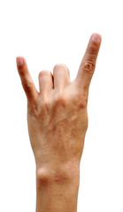 A man's hand giving the Rock and Roll sign