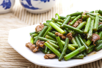 Stir fried garlic scape and shredded pork