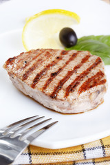 Grilled steak on white plate closeup