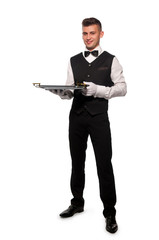 A young boy waiter with a tray