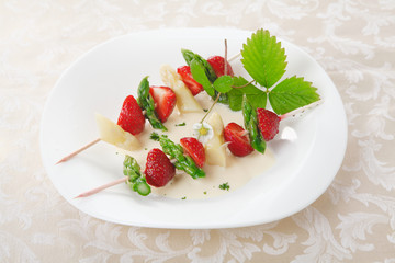 Colourful strawberry and asparagus skewers