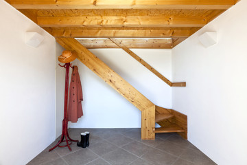wooden staircase, rural home interior