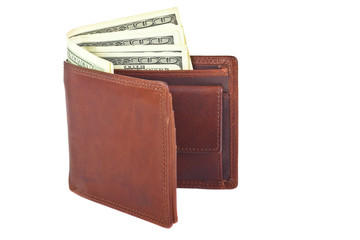 leather wallet with dollars isolated on white background