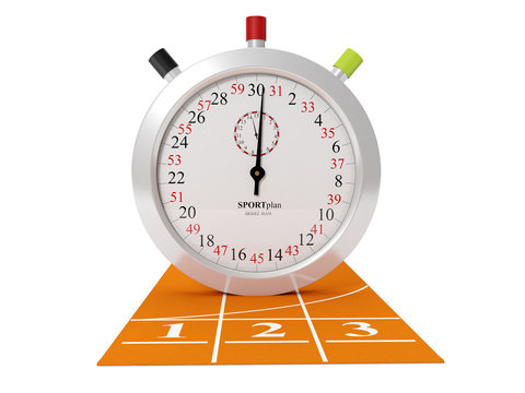 3d illustration of Sports Track and stopwatch on a white backgro
