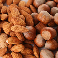 close up on heap of almond and hazelnut