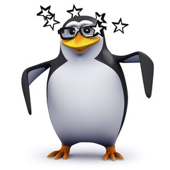 3d Penguin in glasses is dazed and confused