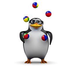 3d Penguin in glasses juggles balls