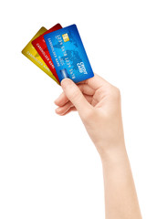 Isolated рand holding pack of credit card