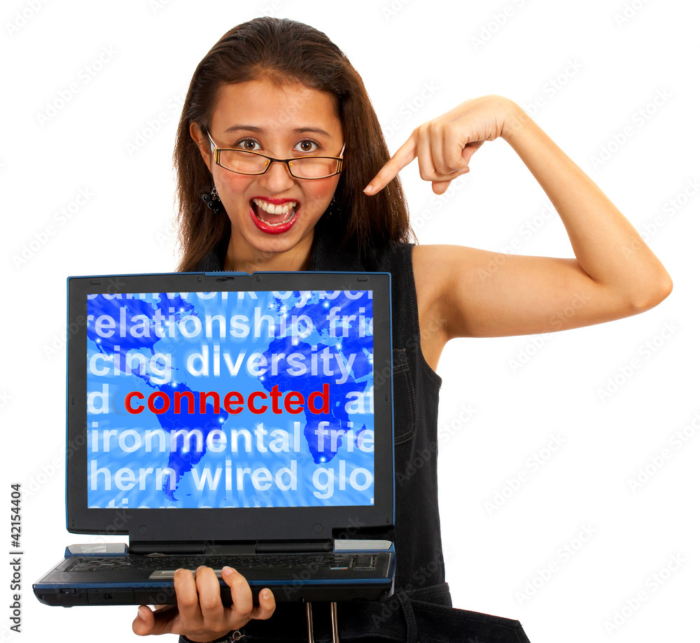 Poster girl with connected word on map showing global networks