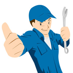 Mécanicien automobile souriant qui tient une clé anglaise dans la main