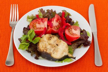 grilled fish with salad on the white plate