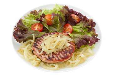 turkey hamburger with onion and salad