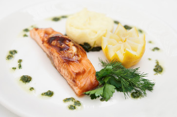 Grilled salmon on plate