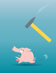 Piggy bank running from the falling hammer