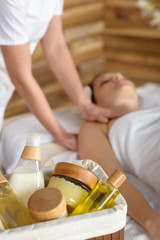 Obraz na płótnie Canvas Beauty spa products in massage room