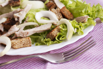 Creative salad from fresh vegetables with meat of a hen