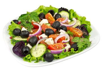 salad,  tomato, olives, basil, onion and mozzarella
