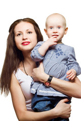 Portrait of mother holding child.