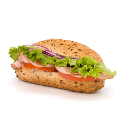 fast food baguette sandwich with lettuce, tomato, ham and chees