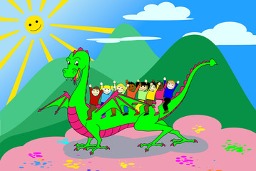 Kids riding the dragon - with clipping path
