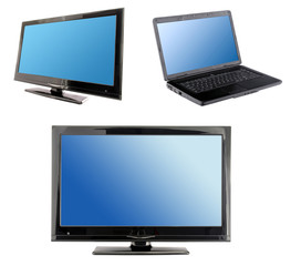blue computer screens display
