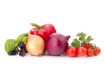 Sweet pepper, onion, tomato  and basil leaves  still life