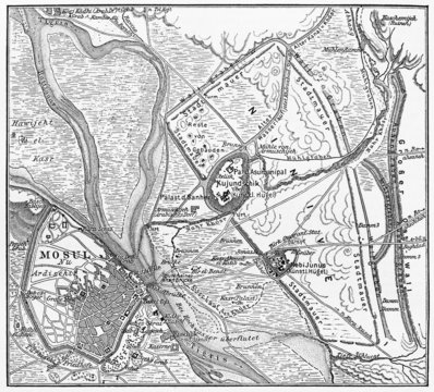 Vintage Map of the ruins of Nineveh and Mosul in early 1900's