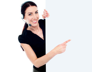 Customer service woman with blank billboard sign banner