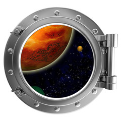 Illustration of a ship porthole with a view to space