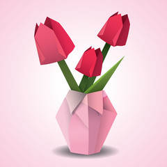 Pink origami vase of tulips