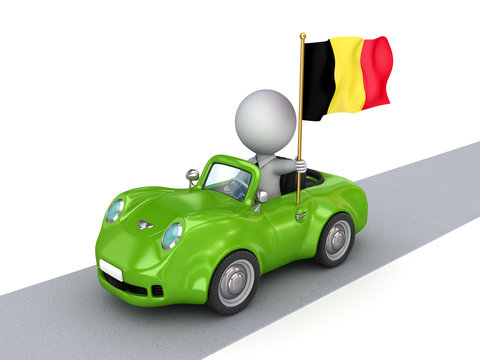 3d small person on orange car with Belgian flag.