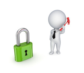 3d person with a hammer in a hand and green lock.