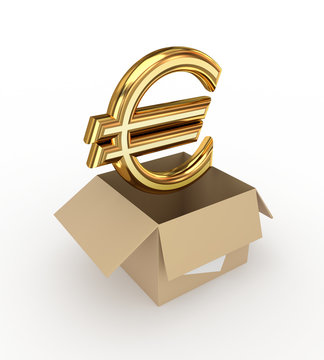 Golden euro sign in a carton box.