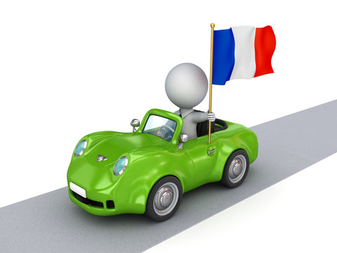 3d small person on orange car with French flag.