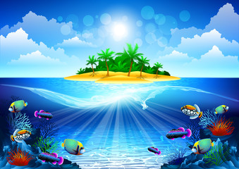 tropikalna wyspa na oceanie z rafą koralową - obrazy, fototapety, plakaty