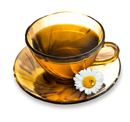 A cup of tea with a camomile and drop on a saucer isolated on wh