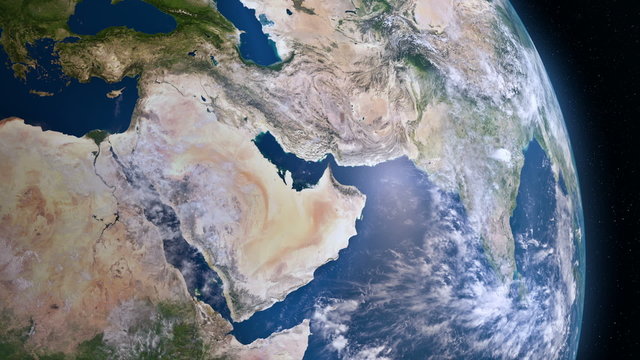 Earth 3d view from space. Middle East, West Asia