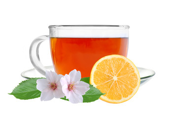 Glass cup tea with lemon and jasmine flowers isolated on a white