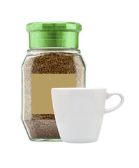 Instant coffee in glass bank-fragrant and white cup isolated on