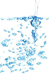 The blue jet of water with bubbles. Closeup.