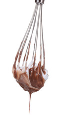 Metal whisk for whipping eggs with chocolate cream isolated