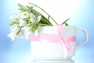 beautiful bouquet of snowdrops in vase with bow