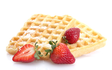 belgium waffles with strawberries isolated on white