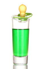 Baby dummy with alcoholic beverage isolated on white