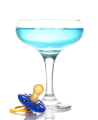 Baby dummy with alcoholic beverage isolated on white