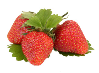 sweet ripe strawberries with leaves isolated on white