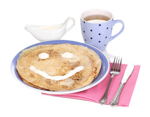 Stack of tasty pancakes isolated on white