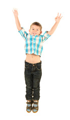little boy jumping isolated on white