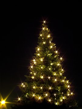 Weihnachtsbaum in der Nacht, strahlende Lichter einer Lichterkette, Deutschland, Europa